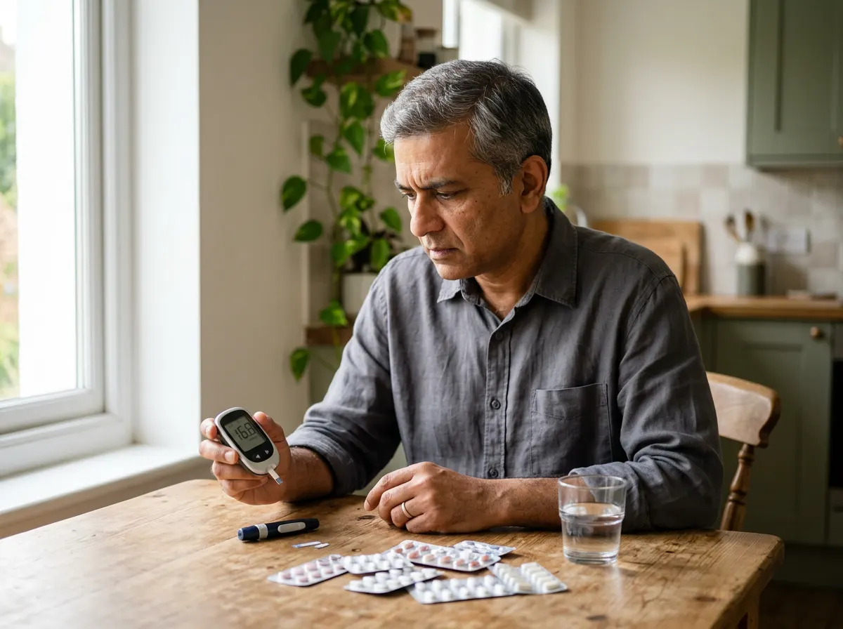 Glucometer वर Sugar Reading पाहणारी चिंतित व्यक्ती